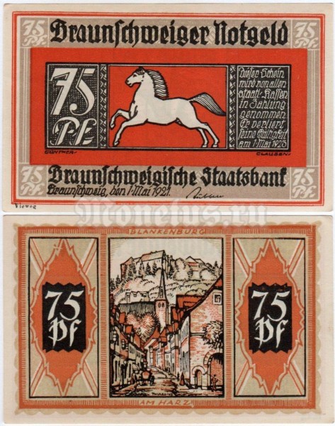 бона Нотгельд Германия 75 пфеннигов 1921 год - Blankenburg Бланкенбург