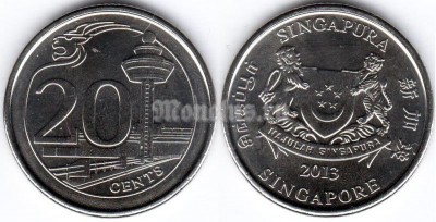 монета Сингапур 20 центов 2013 год