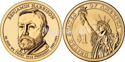 Монета 1 доллар 2012 год Бенджамин Гаррисон 23-й президент США