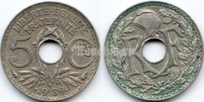 монета Франция 5 сантимов 1939 год