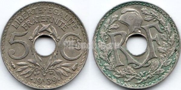 монета Франция 5 сантимов 1939 год