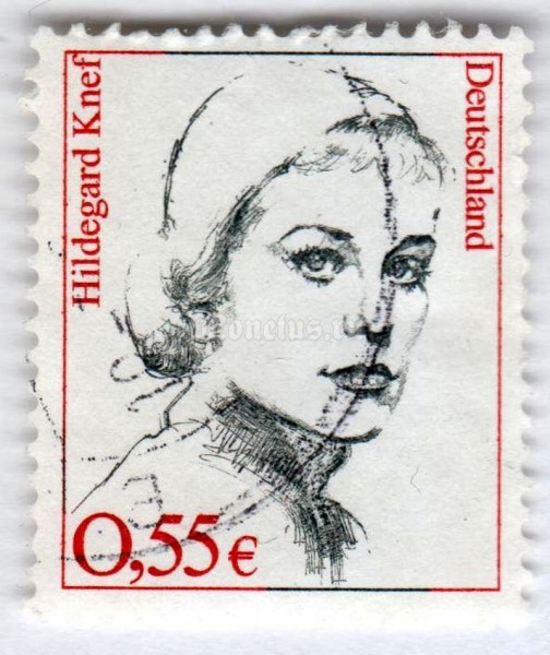 марка ФРГ 0,55 евро "Hildegard Knef (1925-2002), actress and singer" 2002 год Гашение