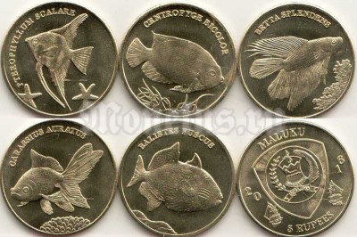 Малуку набор из 5-ти монет 5 рупий 2016 год Рыбы