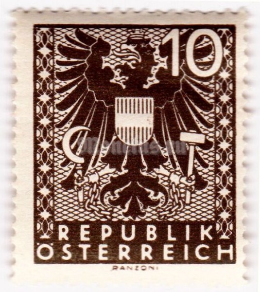 марка Австрия 10 Немецких рейхспфенинг "Герб" 1945 год