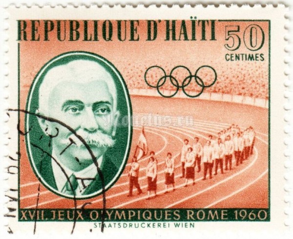 марка Гаити 50 сантим "Пьер де Кубертен и победители" 1960 год