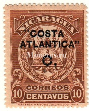 марка Никарагуа 10 сентаво 1906 год Герб с надпечаткой