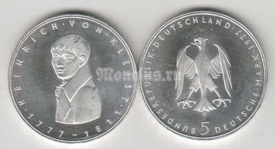 монета Германия 5 марок 1977G год 200 лет со дня рождения Генриха фон Клейста