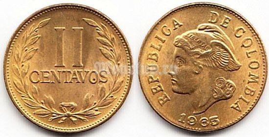 монета Колумбия 2 центаво 1965 год