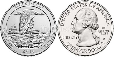 монета США 25 центов 2018 год Национальное убежище дикой природы острова Блок, штат Род-Айленд, 45-й парк