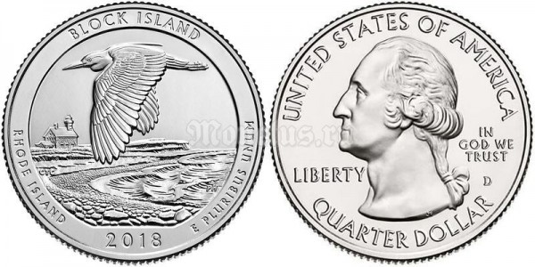 монета США 25 центов 2018 год Национальное убежище дикой природы острова Блок, штат Род-Айленд, 45-й парк