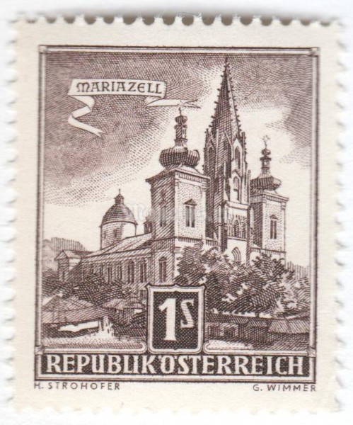 марка Австрия 1 шиллинг "Basilica of Mariazell" 1957 год