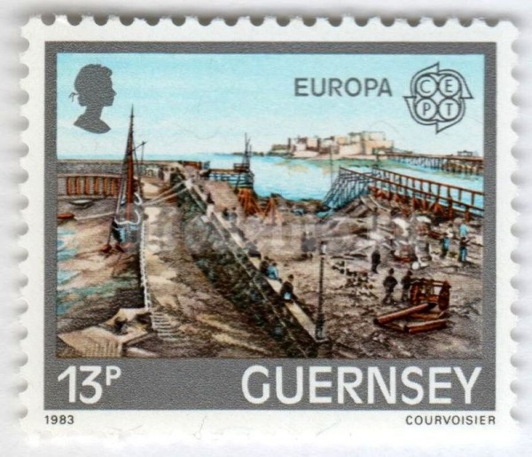 марка Гернси 13 пенни "Building Albert Pier Extension, 1850s" 1983 год
