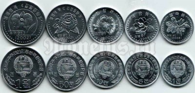 Северная Корея набор из 5-ти монет цветы