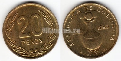 монета Колумбия 20 песо 1988 год