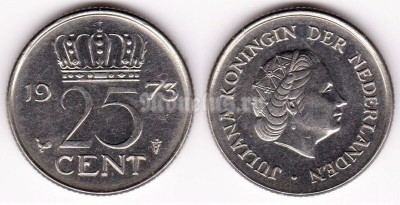 монета Нидерланды 25 центов 1973 год