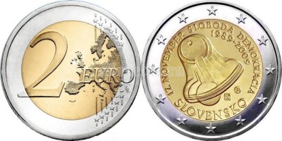 2 евро Словения 2009 год 20 лет Бархатной Революции