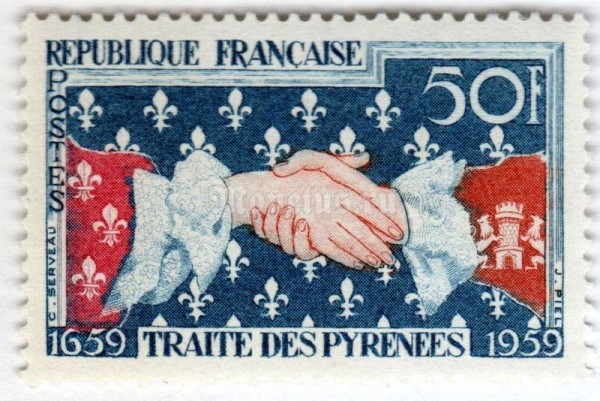 марка Франция 50 франков "Pyrenees-treaty (1659)" 1959 год
