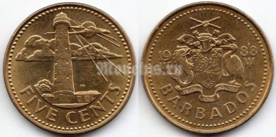 монета Барбадос 5 центов 1988 год