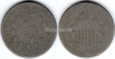 монета США 5 центов 1867-1883 год
