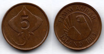 монета Исландия 5 эйре 1981 год Скат