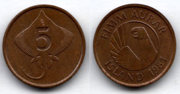 монета Исландия 5 эйре 1981 год Скат