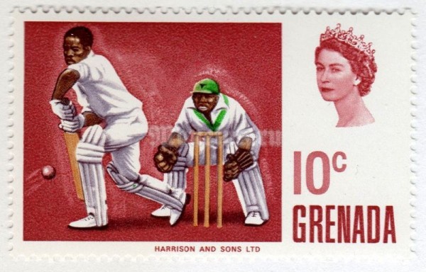 марка Гренада 10 центов "Batsman playing defensive stroke." 1969 год