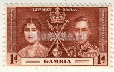 марка Гамбия 1 пенни "Коронация" 1937 год