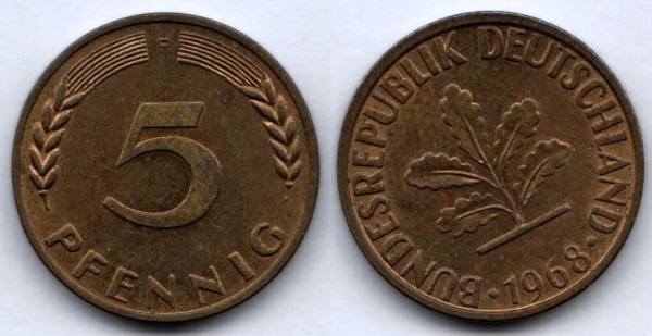 Монета Германия 5 пфеннигов 1968 год F