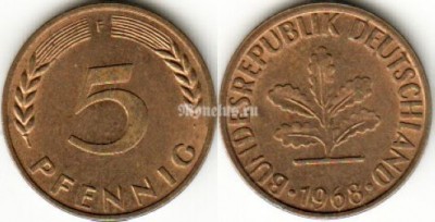 Монета Германия 5 пфеннигов 1968 год