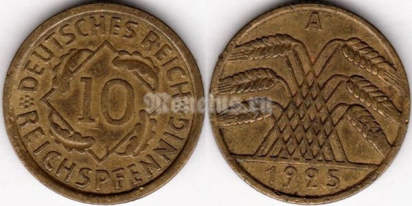 монета Германия 10 рейхспфеннигов 1925 год А
