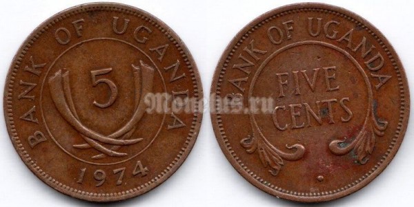 монета Уганда 5 центов 1974 год