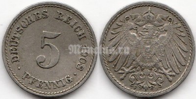 монета Германия 5 пфеннигов 1908 год F