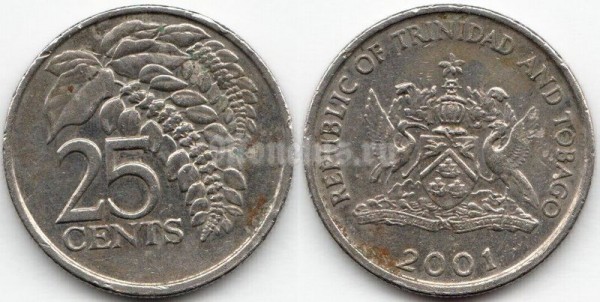 монета Тринидад и Тобаго 25 центов 2001 год