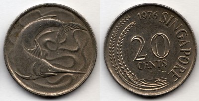 монета Сингапур 20 центов 1976 год Марлин