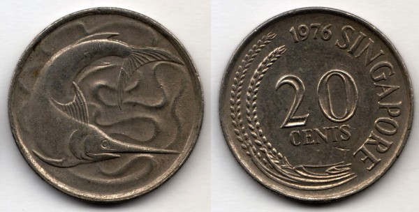 монета Сингапур 20 центов 1976 год Марлин