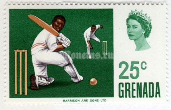 марка Гренада 25 центов "Batsman sweeping ball" 1969 год