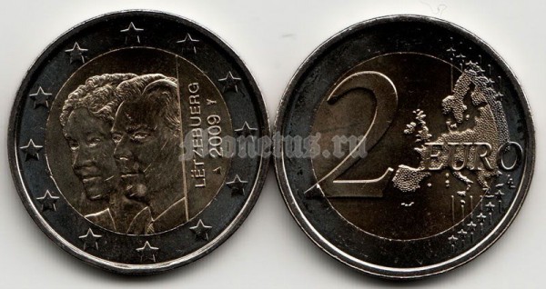 Люксембург 2 евро 2009 год 90 лет вступления на престол Герцогини Шарлотты