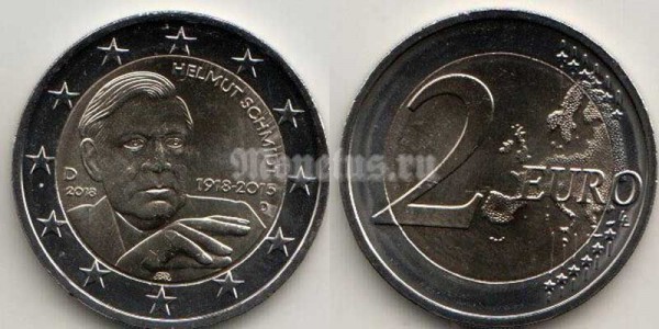 монета Германия 2 евро 2018 год - 100 лет со дня рождения Гельмута Шмидта