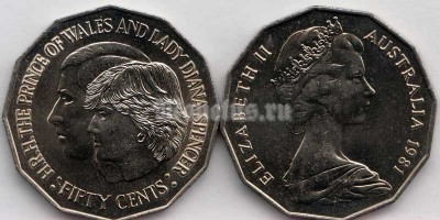 монета Австралия 50 центов 1981 год - Свадьба принца Чарльза и леди Дианы