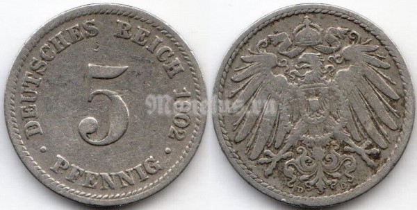 монета Германия 5 пфеннигов 1902 год D