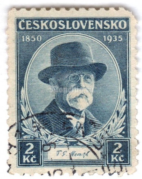 марка Чехословакия 2 кроны "Thomas Garrigue Masaryk, president (85 birthday)" 1935 год Гашение