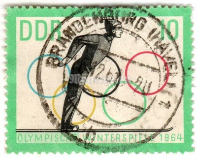 марка ГДР 10 пфенниг "Ski jumper in the bounce" 1963 год Гашение