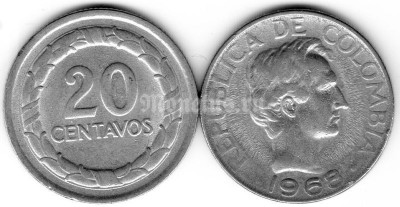 монета Колумбия 20 центаво 1968 год