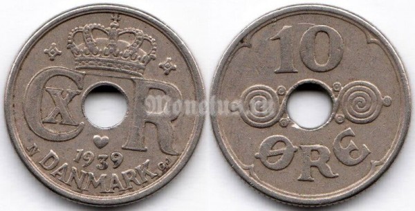 монета Дания 10 эре 1939 год
