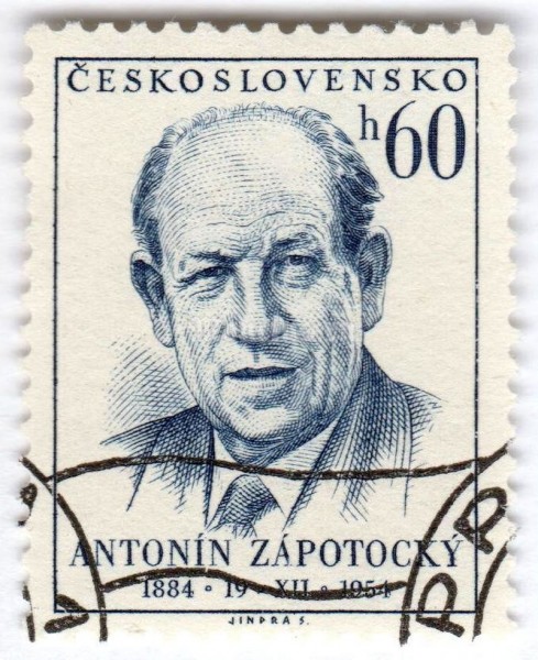 марка Чехословакия 60 геллер "Antonín Zápotocký (1884-1957), president" 1954 год Гашение