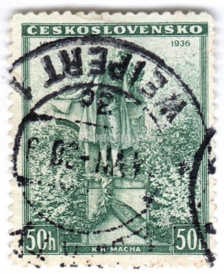 марка Чехословакия 50 геллер "J.V.Myslbek: Monument of K.H.Mácha" 1936 год Гашение