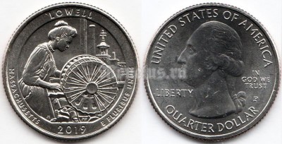 монета США 25 центов 2019 год Национальный исторический парк Лоуэлл, штат Массачусетс, 46-й парк