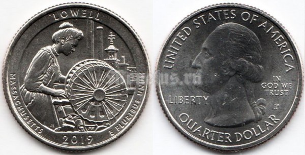монета США 25 центов 2019 год Национальный исторический парк Лоуэлл, штат Массачусетс, 46-й парк