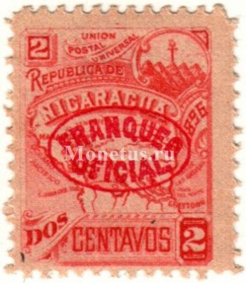 марка Никарагуа 2 сентаво 1896 год Карта страны с красной надпечаткой