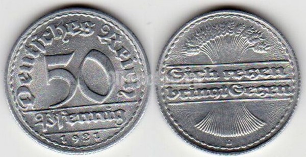 монета Германия 50 пфеннигов 1921 год D